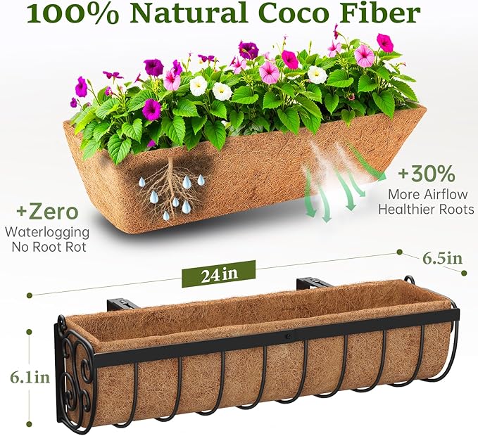 Railing Planter Boxes, 24 Inch Window Boxes Planters, Balcony Planters with Adjustable Brackets & Coco Liner & Support Rod for Outdoor Fence, Deck, Porch, and Patio Gardening, 2 Pack