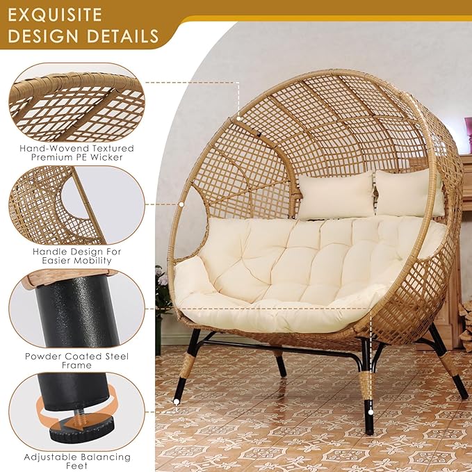 NICESOUL® Double Egg Chair Indoor Outdoor Stationary Oversized Thicken Padded Cushions,2 Person Egg Loveseat Chair,680 lbs Extra Large Lounge Chair for Patio Balcony Porch Backyard Beige with Cover