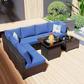 8-Piece Patio Furniture Set with 50,000 BTU Fire Pit Table - Wicker Outdoor Sectional Sofa Set for Backyard Deck Garden (Brown/Blue)
