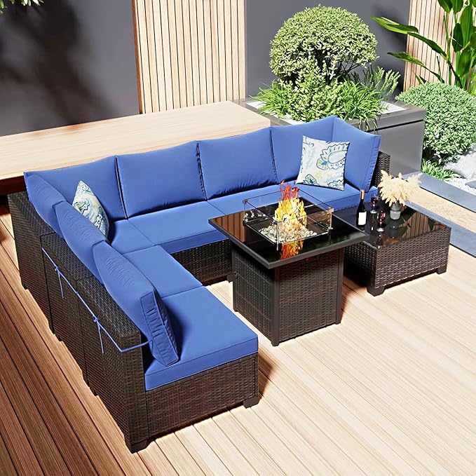 8-Piece Patio Furniture Set with 50,000 BTU Fire Pit Table - Wicker Outdoor Sectional Sofa Set for Backyard Deck Garden (Brown/Blue)