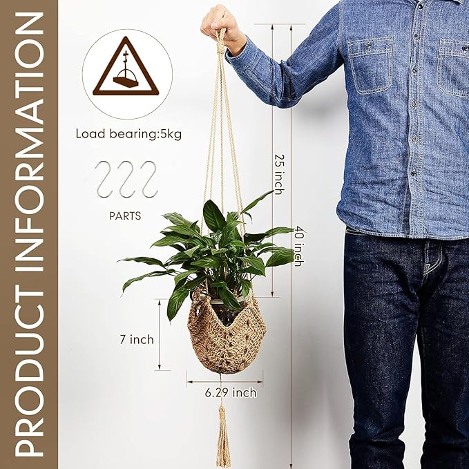 Shappy 3 Pack Jute Crochet Long Plant Hanger for 3 Inch to 12 Inch Pots, Macrame Plant Holder Rope with S Shaped Hooks for Halloween Home Decor (Brown)