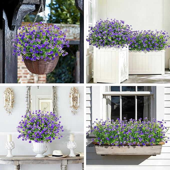 20 Bundles Artificial Flowers for Outdoors Fake Plastic Flowers UV Resistant Realistic Faux Plants Shrubs for Spring Summer Garden Porch Yard Patio Planter Window Box Home Decor, Purple
