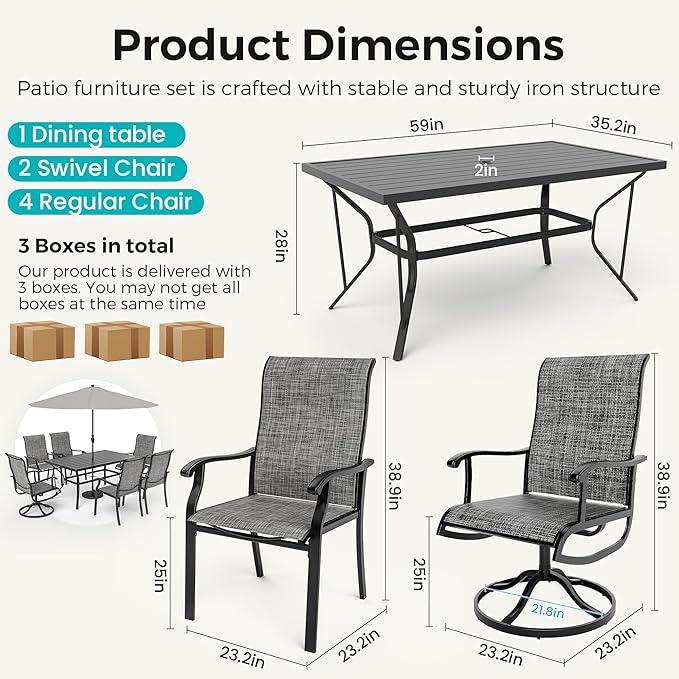 Pamapic 7-Piece Outdoor Dining Set, Patio Dining Set for 6, All-Weather Outdoor Patio Set with 2 Textilene Swivel Chairs & 4 Regular Chairs for Garden, Poolside, Deck，Gray