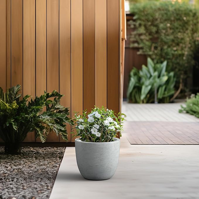 Kante 14 Inch Dia Round Concrete Planter, Indoor Outdoor Large Plant Pot with Drainage Hole and Rubber Plug for Home Patio Garden, Gray Concrete