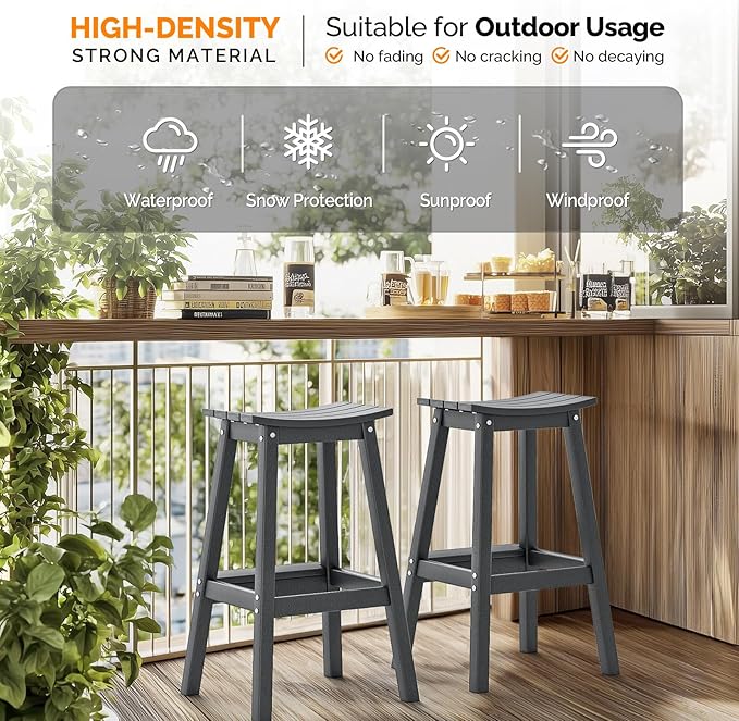 VINGLI 29 Inch Outdoor Bar Stools Set of 4, HDPE Weather Resistant Barstools Heavy Duty Patio Bar Height Chairs for Deck Balcony Kitchen Counter Yard and Poolside (Gray, 29 Inch 4 PC)