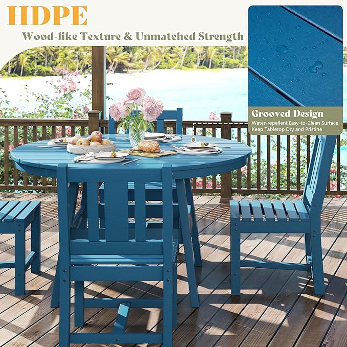 AMERLIFE 5 Piece HDPE Outdoor Dining Table & Chairs Set, All-Weather Patio Table and Chairs Set Furniture with Umbrella Hole for Garden, Backyard, Poolside, Seaside, Blue