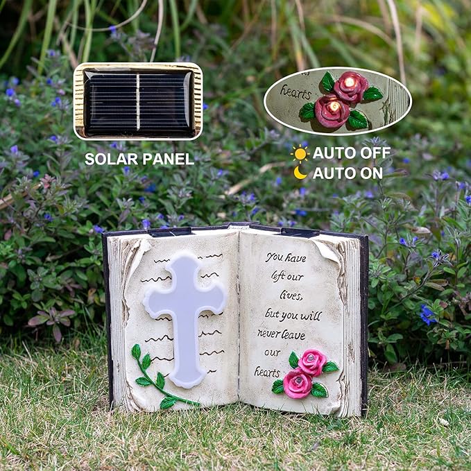 Outdoor Solar Memorial Cross Stakes Lights, Waterproof Book Statue Grave Decorations Sympathy Gifts for Cemetery Garden Lawn Yard Patio Home Decor