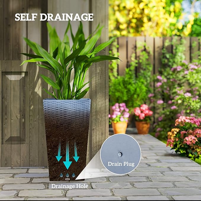 Outsunny Tall Planters for Outdoor Plants Set of 3, 24 in Taper Planters with Drainage Holes, Rattan Decor Plant Pots for Indoor Outdoor Front Porch Patio Backyard, Light Gray