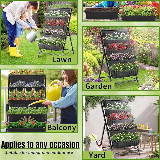Homdox 2 Pack Vertical Garden Bed, 5 Tiers Raised Garden Planter, 25.6 * 26 * 48 Inch with Drainage System & 4 Hooks, Vegetable Flower Stand for Garden Patio Yard (Black with 4 Wheels)