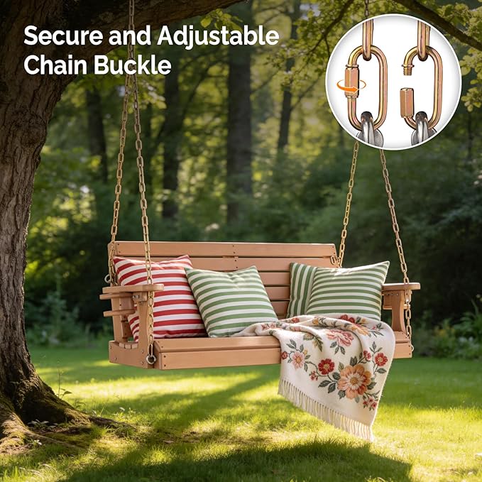 VINGLI Heavy Duty 1600 LBS HDPE Porch Swing Outdoor with Rotatable Cup Holder, 4 FT Patio Bench Swing with Adjustable Chains, 2 Person Hanging Porch Swing Chair for Porch, Yard, Tree, Garden - Teak