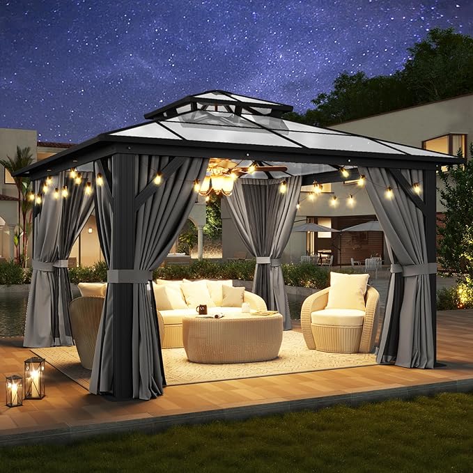 Aoxun 12'x12' Hardtop Gazebo, Aluminum Frame Permanent Pavilion with Curtains and Netting, Outdoor Polycarbonate Double Roof Canopy, Designed for Garden, Lawns, Patio, Gray