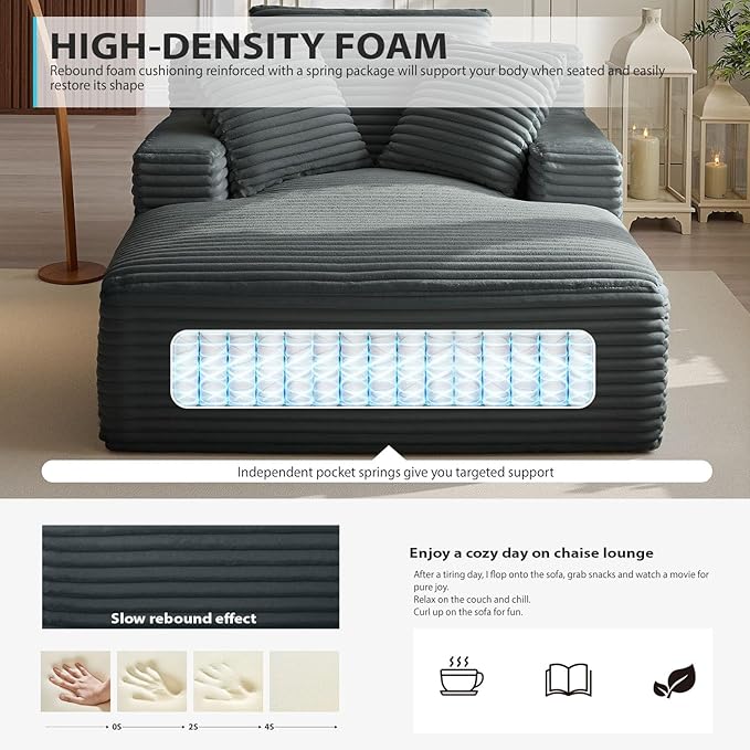 50 Inch Chaise Lounge Chair Indoor, Oversized Corduroy Upholstered Boneless Sofa Bed, Deep Seat Sleeper Couch Reading Chairs, Cloud Sofas Couches for Living Room, No Assembly Required (Dark Grey)