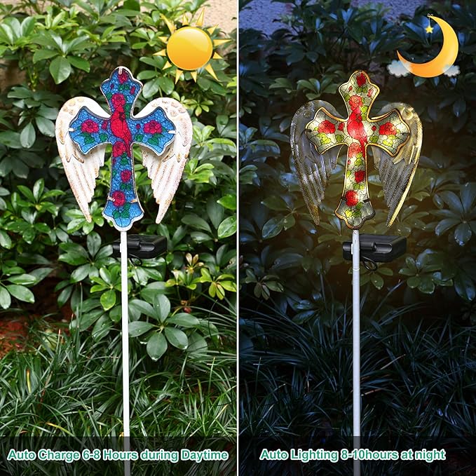 YJFWAL Cardinal Bird&Rose Cross Garden Stake Light, Solar Glass Cross for Cemetery Grave, Easter Cross Angel Wings Sympathy Memorial Gifts, Garden Lawn Yard Patio Decor
