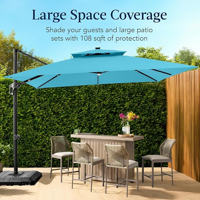 Best Choice Products 9x12ft LED Cantilever Patio Umbrella w/Base Included & 360° Rotation, Large Solar Offset Hanging Outdoor Sun Shade for Deck, Backyard Table w/Stand & Lights – Sky Blue