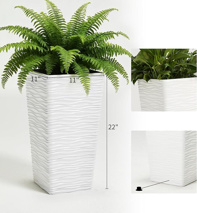 Worth Garden 22" Tall Planters Set of 2 - Plastic White Square Plant Pots with Drainage Hole - Modern Large Tapered Matte Wavy Tree Flower Pot for Indoor Outdoor Porch Deck