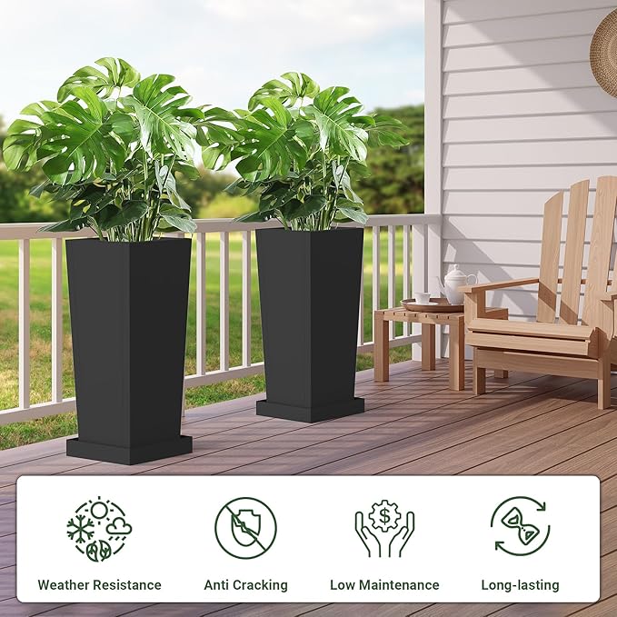 Tall Planters 28" H - 2 Pack, Tapered Pots with Drainage Insert Shelve & Trays, Metal Outdoor Planter Box for Porch, Garden, Patio, Yard (Black)
