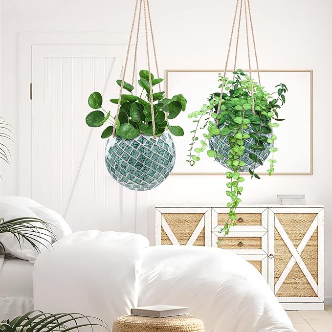 Ceramic Hanging Planter Mosaic Hanging Flower Pot Small Plant Pot for Indoor Plant Disco Ball Planter with Drainage