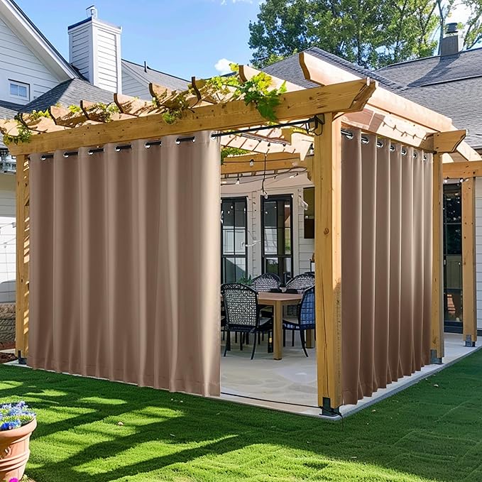 NICETOWN 2 Panels Waterproof Outdoor Curtains for Patio, Windproof W100 x L84 Grommet & Back Tab on Top & Bottom Thermal Insulated Sun Blocking Privacy Drapes with Rope for Gazebo, Tan