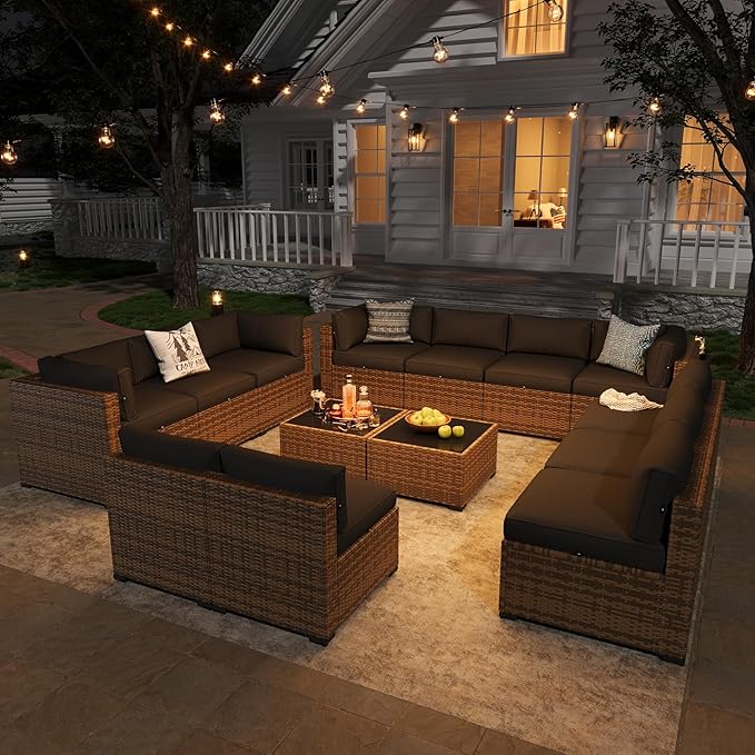 Aoxun Patio Furniture Sets, 14-Piece Outdoor Patio Furniture with 44'' Propane Gas Firepit Table, Wicker Outdoor Conversation Set Sectional Sofa for Backyard, Poolside, Garden