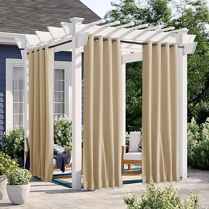 NICETOWN 2 Panels Outdoor Patio Curtains Windproof & Waterproof, Top & Bottom Grommet & Back Tab Light Blocking Thermal Drapes Privacy for Yard/Porch with Ropes for Fixed, Biscotti Beige, W46 x L63