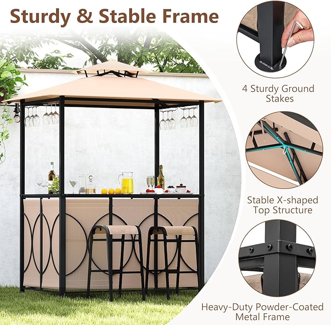 Tangkula 3-Piece Patio Bar Set, Grill Gazebo & 2 Bar Stools with Tempered Glass Bar Table, Metal Storage Shelves, Glass Holders, Double-Tier Soft Top Canopy BBQ Gazebo Shelter for Patio Garden (Brown)