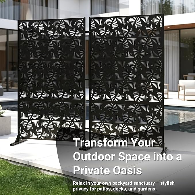 72in Metal Privacy Screen Outdoor Decorative Panel – Freestanding Rustproof Steel Patio Divider for Garden, Backyard, or Balcony, Modern Laser Cut Design for Stylish Privacy & Outdoor Decor