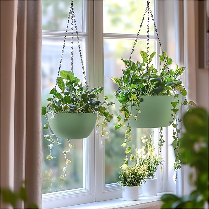 T4U 12 Inch Hanging Planters for Indoor Outdoor Plants, 2 Pack Plastic Hanging Planter, Indoor Hanging Plant Pots, Hanging Basket with Drainage Holes, Flower Pots for Garden Home Decor, Green