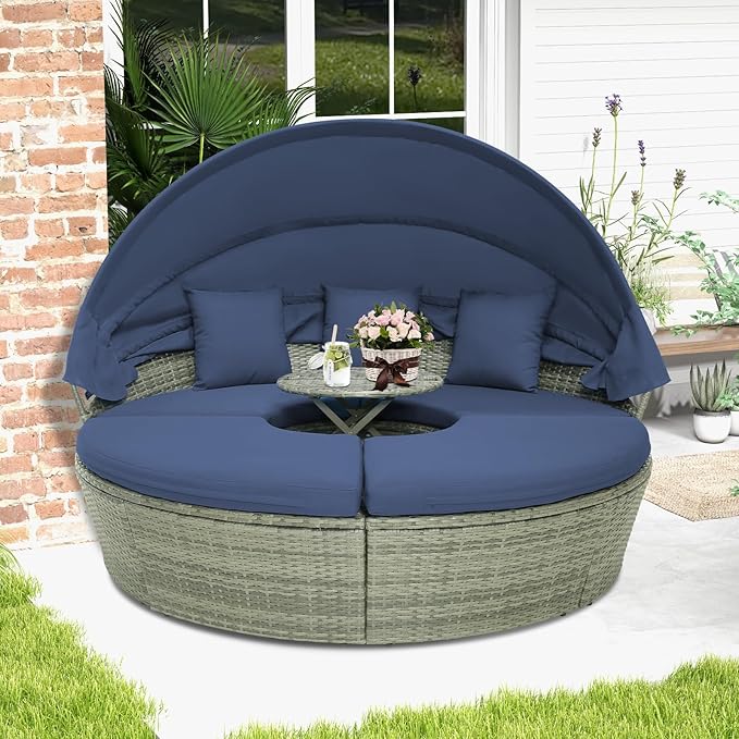 Tangkula Outdoor Round Daybed with Retractable Canopy, PE Wicker Sectional Seating Furniture with Cushions and Throw Pillows, Separates Cushioned Seats for Backyard, Poolside (Navy)