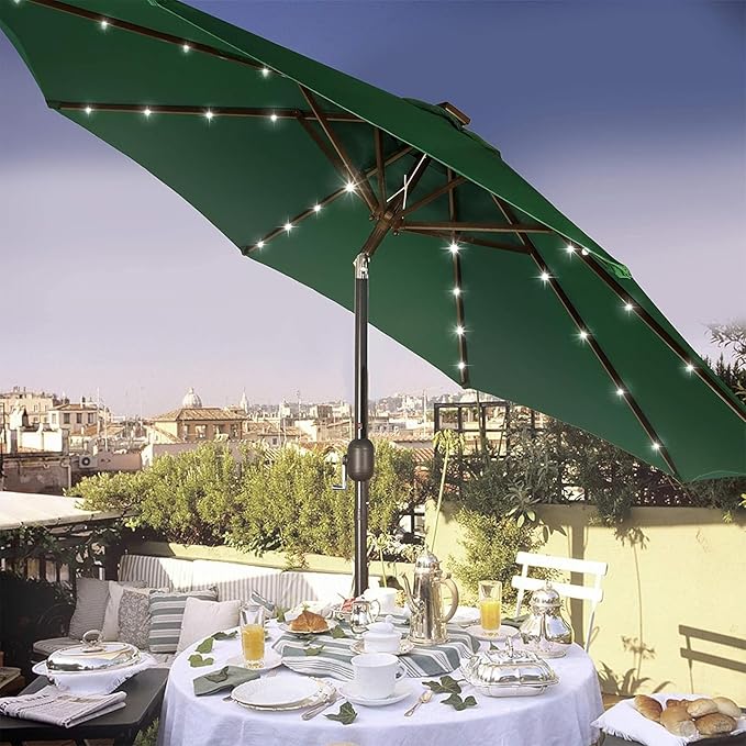 Blissun 9 ft Solar Umbrella, 32 LED Lighted Patio Umbrella, Table Market Umbrella, Outdoor Umbrella for Garden, Deck, Backyard, Pool and Beach (Dark Green)