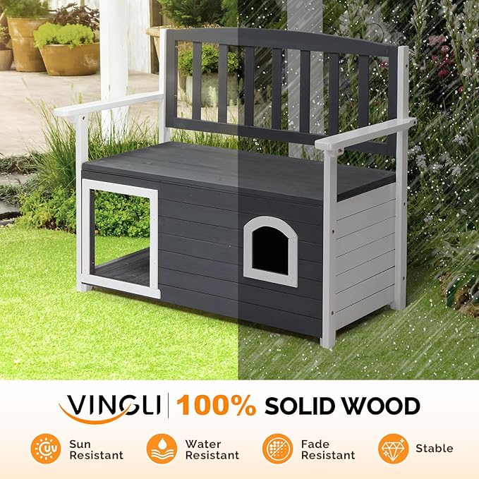 VINGLI Outdoor Storage Bench with Built-in Dog House, 2-in-1 Outdoor Waterproof Patio Bench with Pet Kennel for Patio Backyard Porch (Gray)