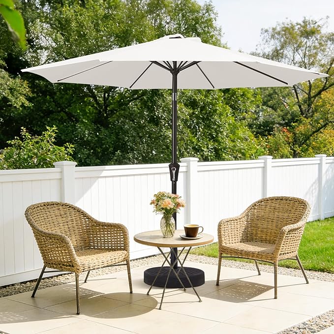 MEWAY 9ft Patio Umbrella Outdoor Table Umbrellas with Push Button Tilt and Crank, Market Umbrella 8 Sturdy Ribs for Deck, Garden, Pool and Backyard, Off-white