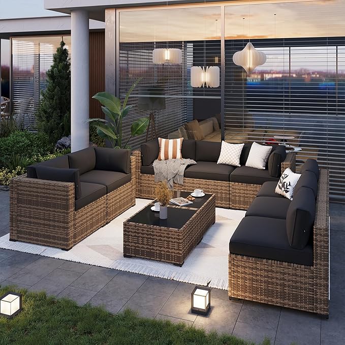 Aoxun Patio Furniture Sets, 10-Piece Outdoor Patio Furniture with Thick Cushions, Wicker Outdoor Conversation Set Sectional Sofa for Backyard, Poolside, Garden