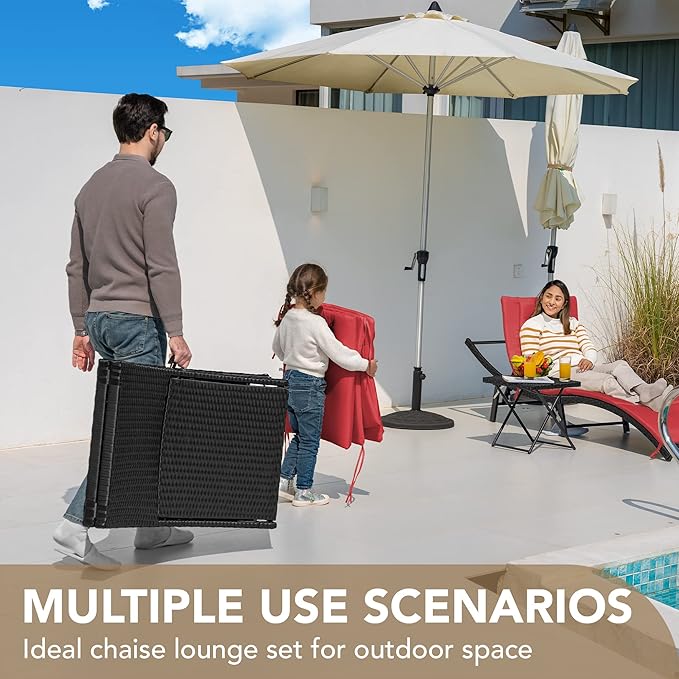 Devoko Patio Chaise Lounge Sets Outdoor Rattan Adjustable Back 3 Pieces Cushioned Patio Folding Chaise Lounge with Folding Table (Red)