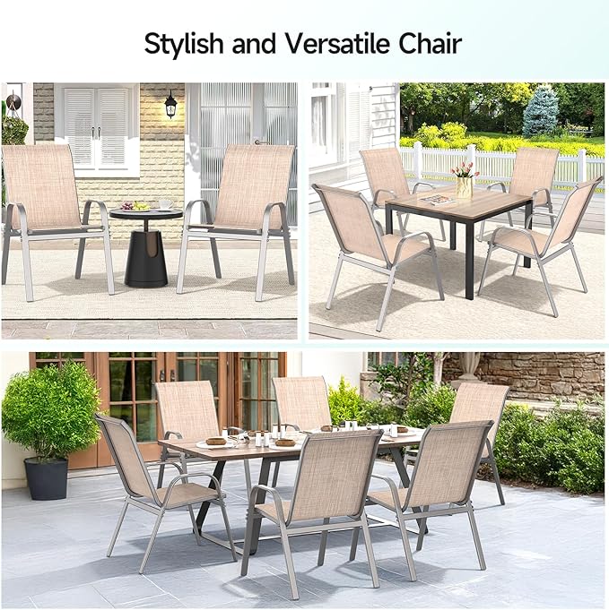 Patio Chairs Set of 2, Easily Set Up Stackable Outdoor Dining Chairs with High Back and Wide Seat, All Weather Breathable Outdoor Chairs Set of 2 with Metal Frame for Backyard Deck Pool, Beige