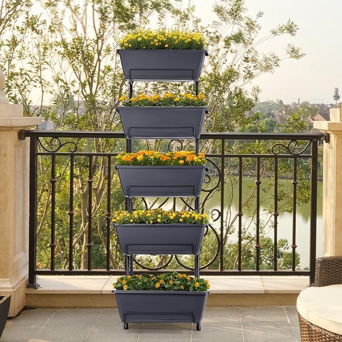 5 Tier Vertical Garden Planter Grey Herb Garden Planter for Outdoor Plants Vertical Raised Garden Bed Standing Tiered Flower Planter Boxes for Outdoor Garden Patio Yard