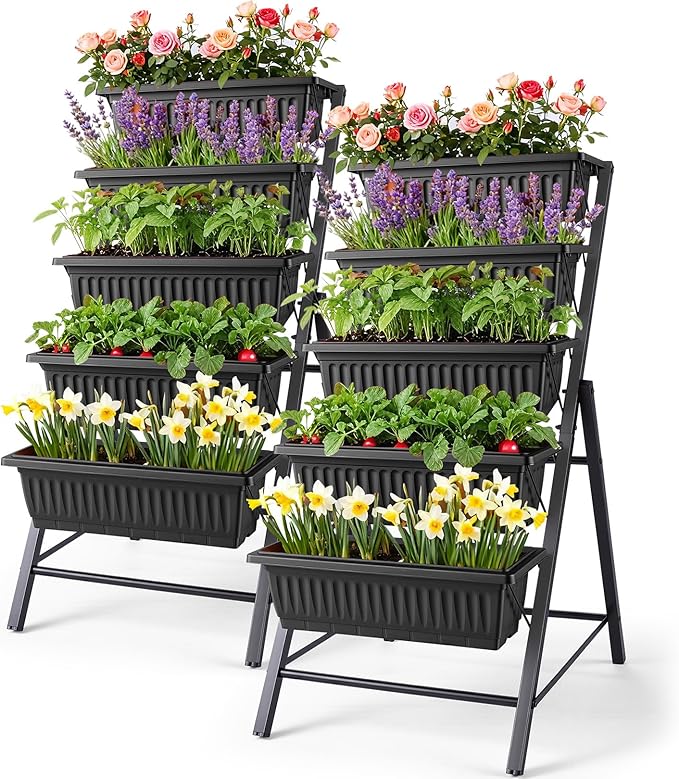 Homdox 2 Pack Vertical Garden Bed, 5 Tiers Vertical Raised Garden Planter, 23 * 26 * 45Inch Outdoor Garden Raised Bed with 4 Hooks, Vegetable Flower Planter Raised Stand for Garden Patio Yard, Black