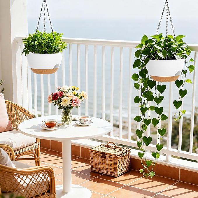 8 Inch Hanging Planters for Indoor Outdoor Plants, 4 Pack White Brown Plastic Self Watering Hanging Baskets with Drainage Holes and Chain for Garden Porch