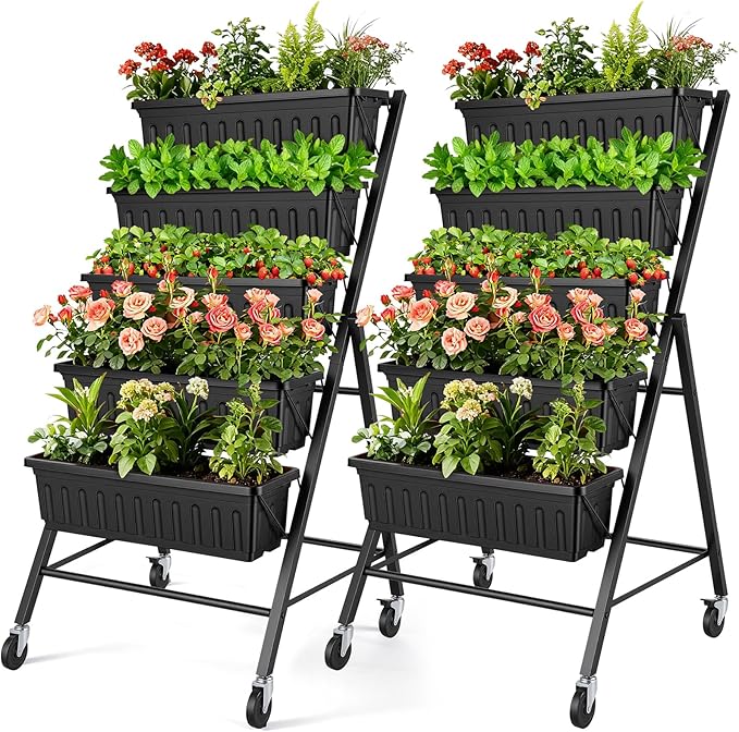 SEJOV 2 Pack Vertical Raised Garden Bed, 5-Tier Vertical Garden Planter with Drainage System, Larger Elevated Planter Box for Herbs Vegetables Flowers Indoor Outdoor (Black with Lockable Wheels