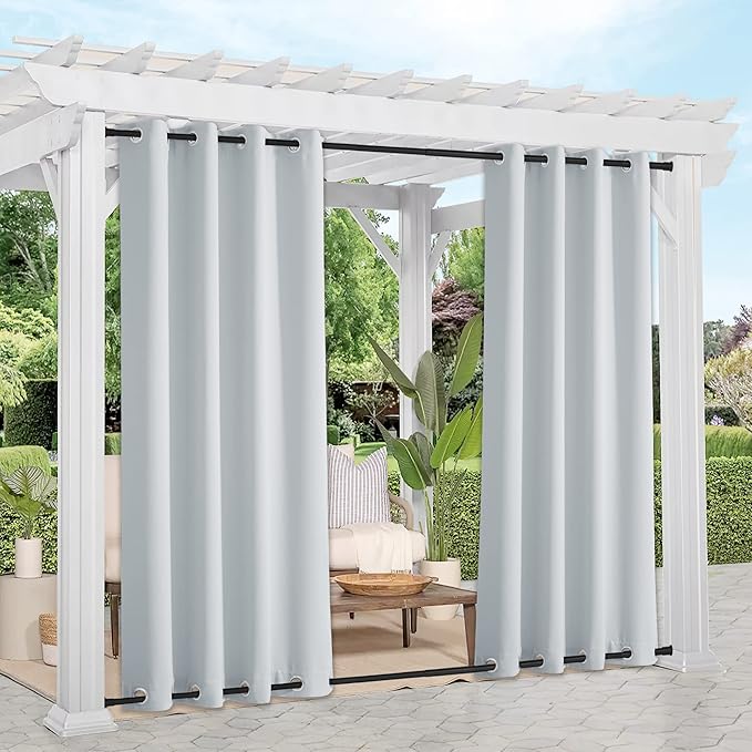 NICETOWN 2 Panels Greyish White Privacy Outdoor Curtains for Patio, Waterproof Thermal Insulated Room Darkening Top and Bottom Rustproof Grommet Windproof Drapes for Porch, W52 x L108