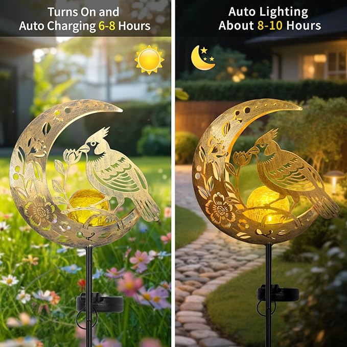 JOBOSI Solar Moon Cardinals Garden Light, Moving Moon & Cardinals Stake Decor for Yard, Lawn, Gifts for Women Mom Grandma, Christmas, New Year Decor Gift
