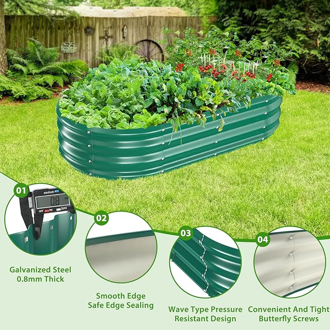 Oval Galvanized Planter Box, Metal Raised Garden Bed - 0.8MM Thick- Ideal for Outdoor Gardening and Planting of Vegetables Flowers Fruits Succulent Plants and Others (Green, 5X2.7X1 FT)