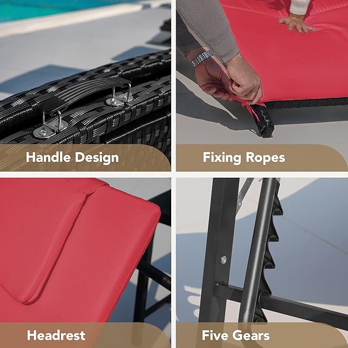 Devoko Patio Chaise Lounge Sets Outdoor Rattan Adjustable Back 3 Pieces Cushioned Patio Folding Chaise Lounge with Folding Table (Red)