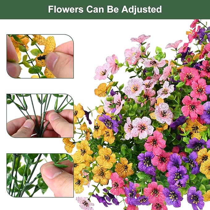 Artificial Flowers for Outdoor, UV Resistant Fake Silk Flowers, Realistic Faux Plants for Outside Indoor Porch Patio Window Box Planter Home Decor (14, Yellow Purple Rosy Pink)