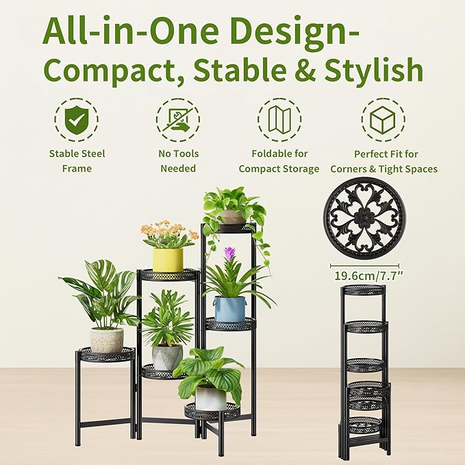 6 Tier Metal Plant Stand Indoor Outdoor, Corner Tall Plant Shelf for Multiple Plants, Foldable Heavy Duty Plant Holder, Decoration Flower Stand for Living Room Balcony Patio Garden- BlackWave