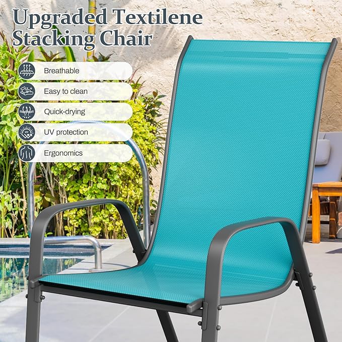TLSUNNY 7 Pieces Patio Dining Set, Outdoor Table and Chairs W/1.69″ Umbrella Hole, 30"X 55" Table and Stackable Textilene Chair, All Weather Patio Furniture Set (Umbrella not Included)