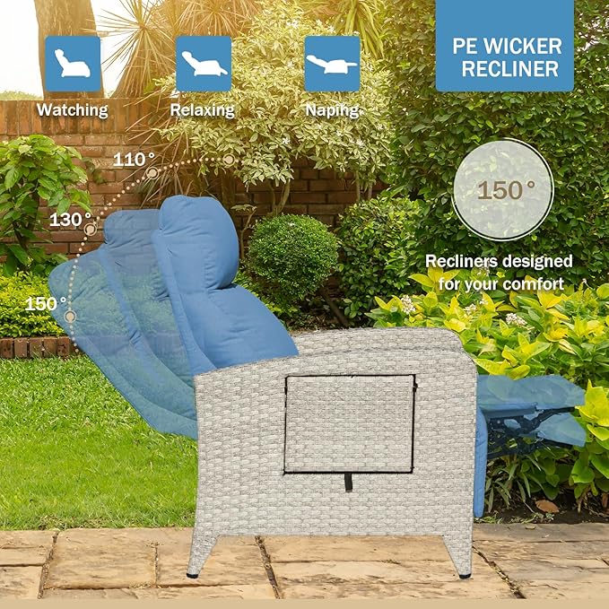 Upgraded Outdoor Recliner Chair, Reclining Patio Chairs with Adjustable Back up to 150°Lay Flat and Extended Footrest, Wicker Recliner Chairs with Flip Table and Removable Olefin Cushion