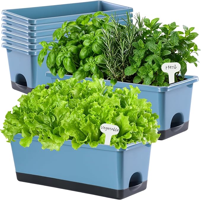 Window Box Planter 8 Pcs, 17 Inches Rectangle Flower Pots with Drainage Holes and Trays, Vegetable Planters for Windowsill Patio Garden Balcony Home Porch Yard Indoor Outdoor (Blue)