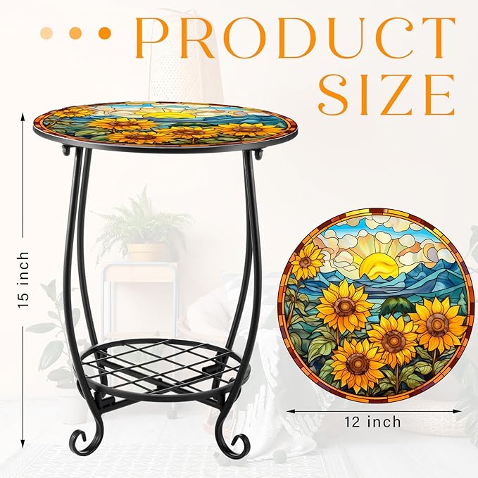 Outdoor Side Table Round Small Mosaic Patio Accent Indoor End Plant Coffee Tea Table for Yard Patio Porch Garden Living Room, Bedroom(Sunflower Style,14 Inch)