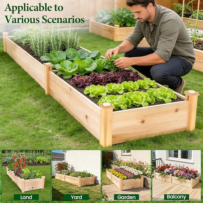 MIXC 8×2ft Wooden Horticulture Raised Garden Bed Divisible Elevated Planting Planter Box for Flowers/Vegetables/Herbs in Backyard/Patio Outdoor, Natural Wood