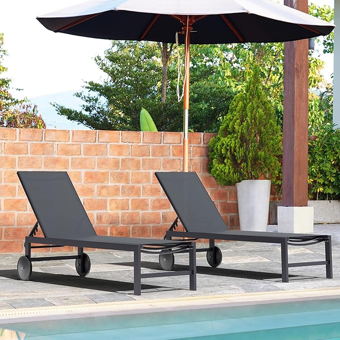 Shintenchi 2 PCS Outdoor Chaise Lounges Chair with Wheels Aluminum Reclining Patio Lounge Chairs with 5 Adjustable Position Recliner for Patio, Beach, Yard, Pool Patio Furniture Set,Dark Grey